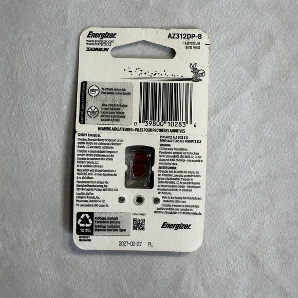 Energizer (8-Pack) Sz 312 Made in USA (8) Hearing Aid Batteries NEW - Picture 2 of 5